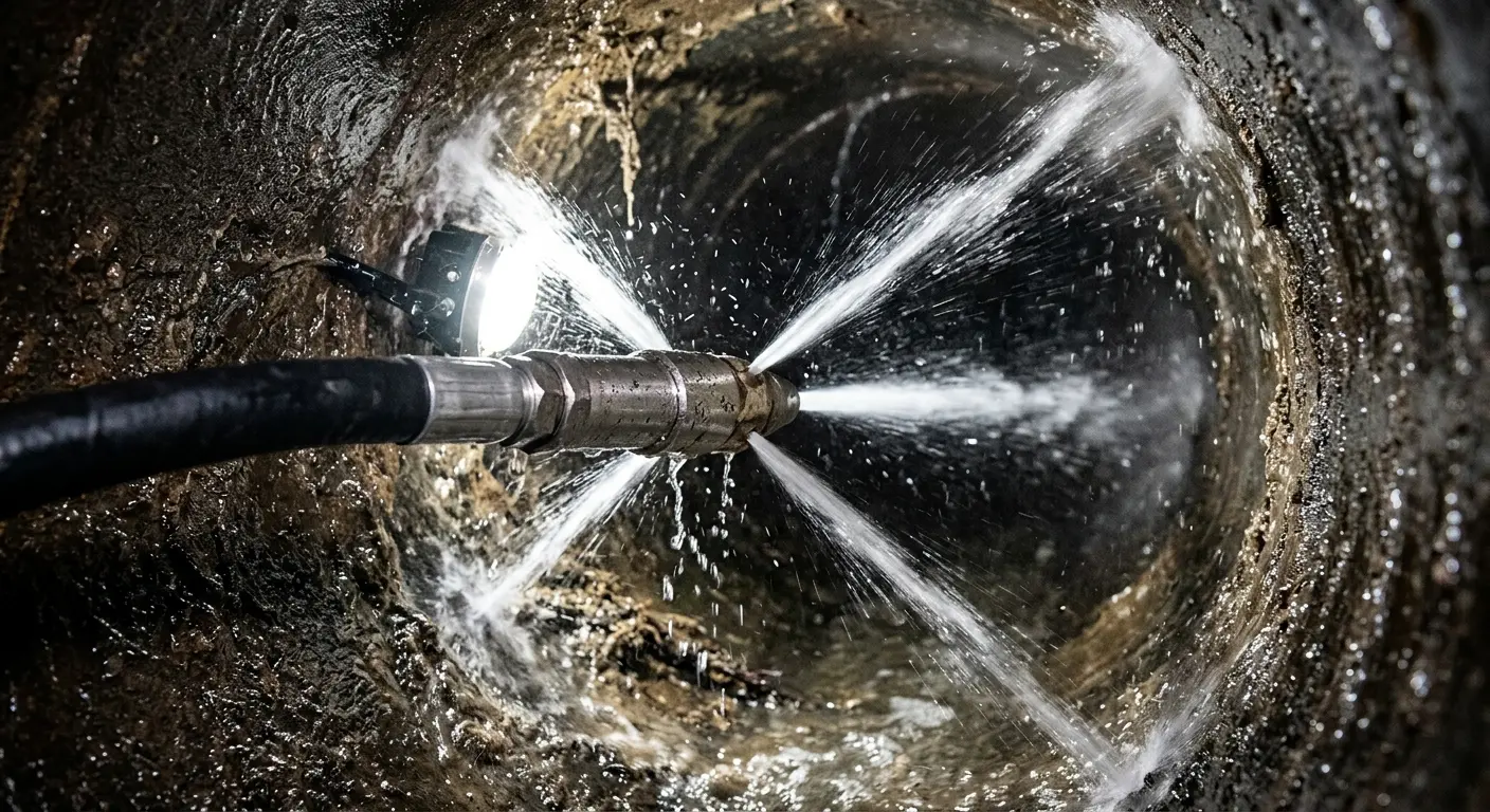 High-pressure hydro jetting nozzle cleaning sewer pipe for Storm Drain Cleaning in Lancaster