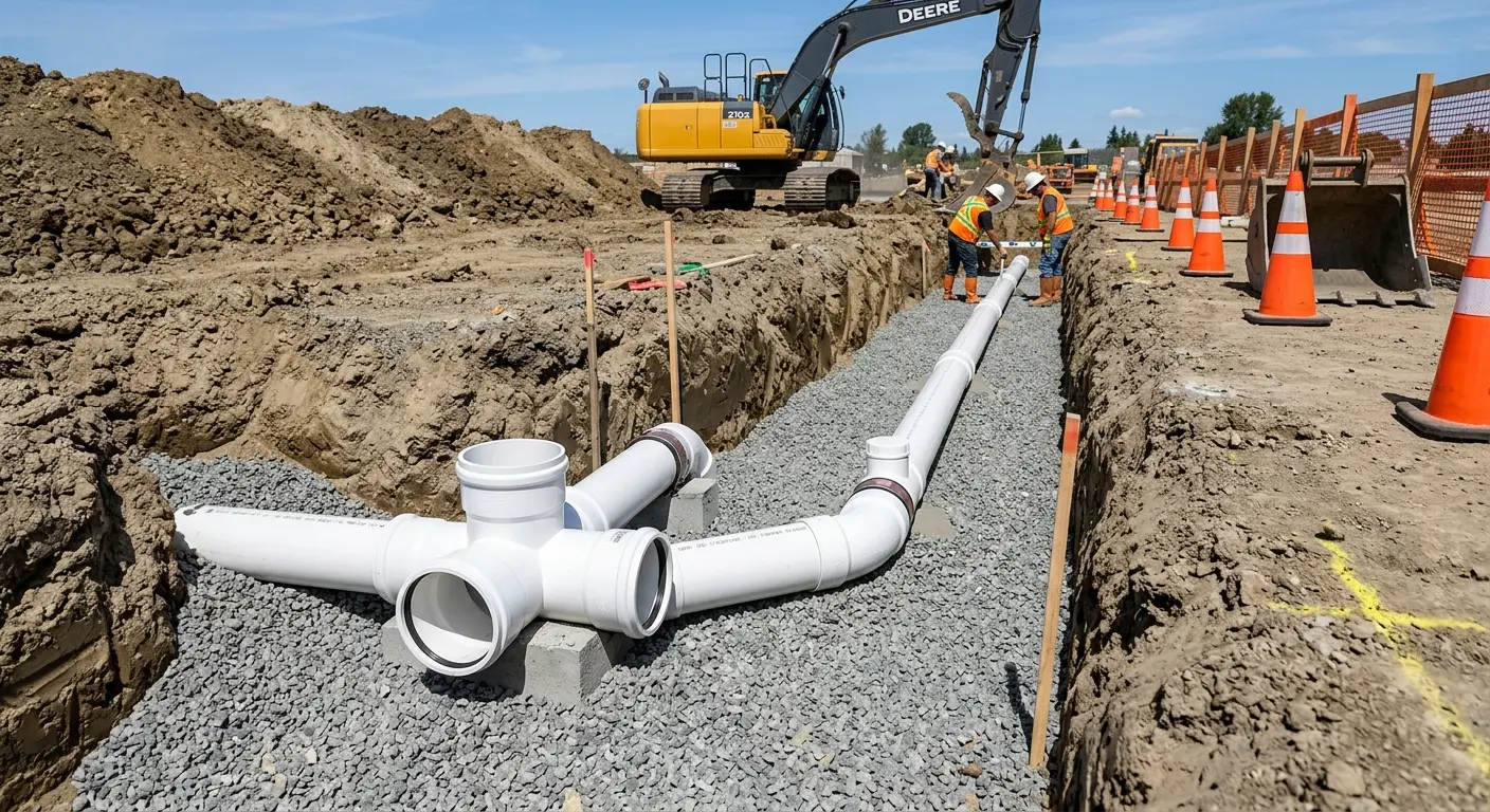 New PVC sewer pipe installation in open trench for Grease Trap Cleaning in Lancaster